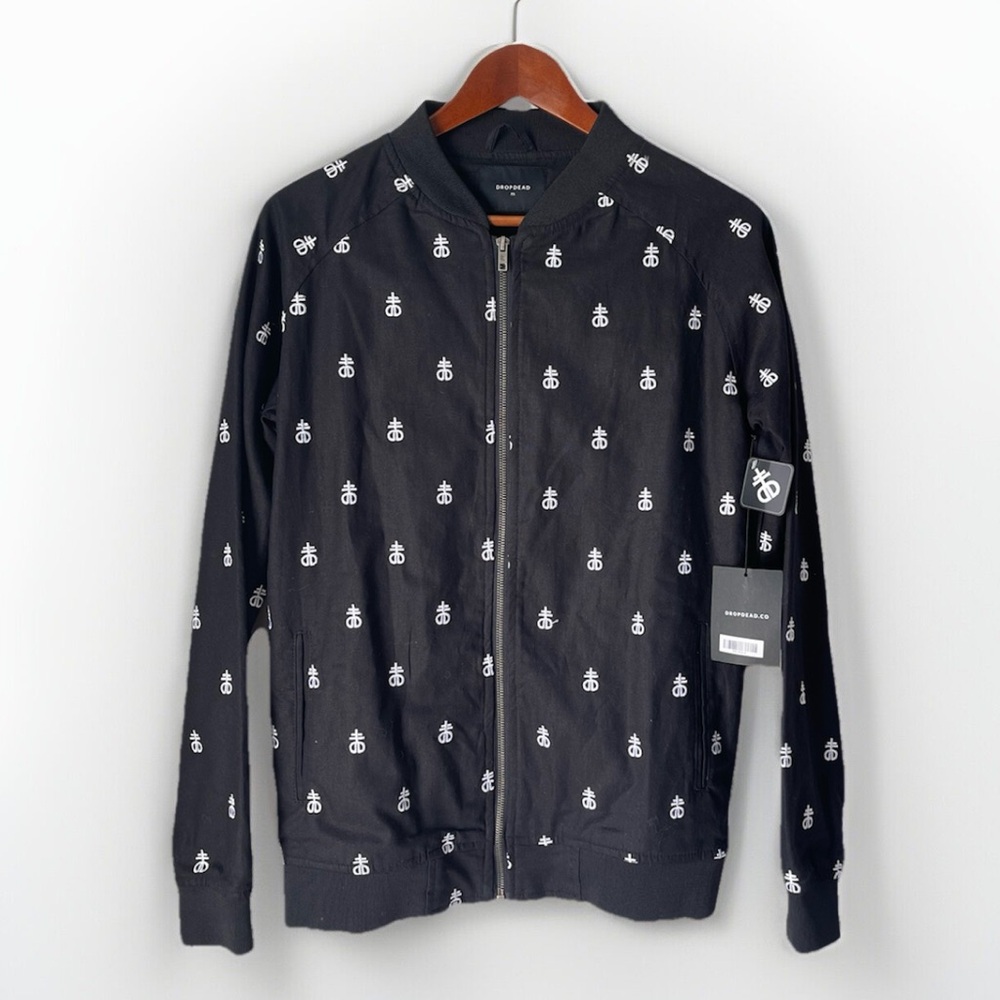 Drop Dead Blasphemy Bomber Jacket Unisex Black Logo Zip Up Lined - Size Medium
